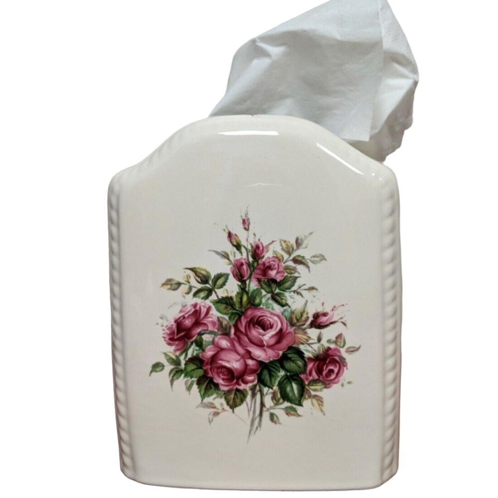 Vintage Athena Rose Rhapsody Ceramic Tissue Box Cover White Pink Floral USA NEW